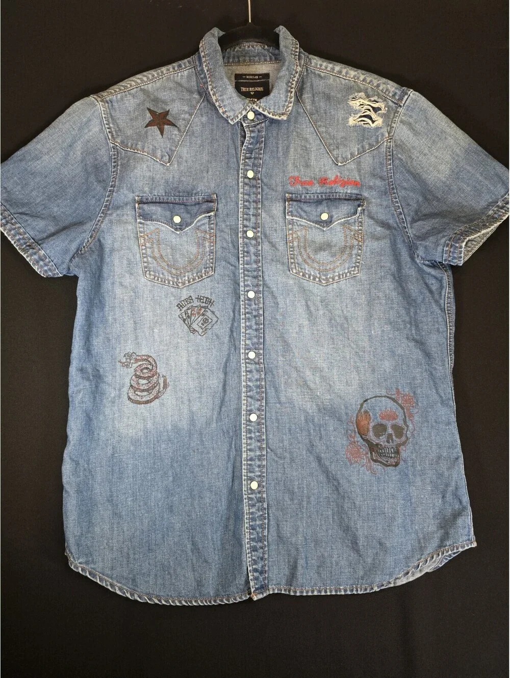 EUC True Religion Graffiti Distressed Denim Button up Shirt Size XL
